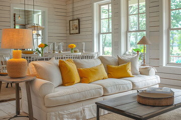 Farmhouse interior design of modern living room, home. Fabric sofa with yellow pillows.