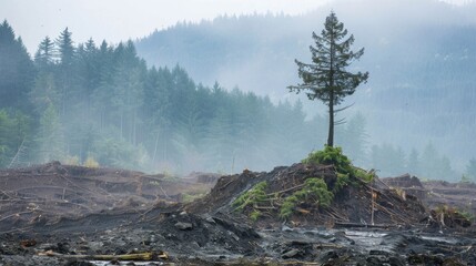 A lone tree stands tall on a hillside surviving amidst the destruction caused by a powerful mudslide.