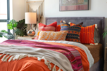 Boho interior design of modern bedroom. Grey bed with vibrant orange bedding.
