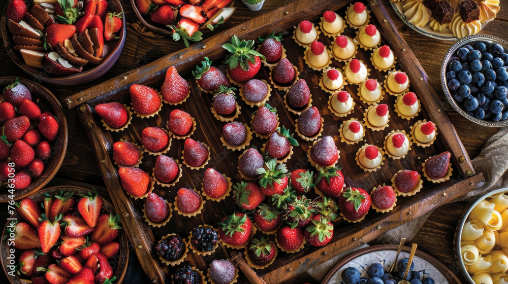 Poster a colorful array of bitesized desserts including mini fruit tarts and chocolatedipped strawberries d