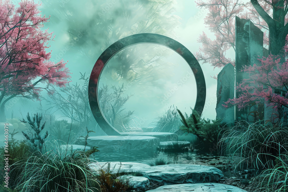 Poster a moon gate stands in a misty garden. beyond its circular frame, layers of color blend seamlessly--j
