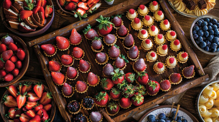 A colorful array of bitesized desserts including mini fruit tarts and chocolatedipped strawberries...