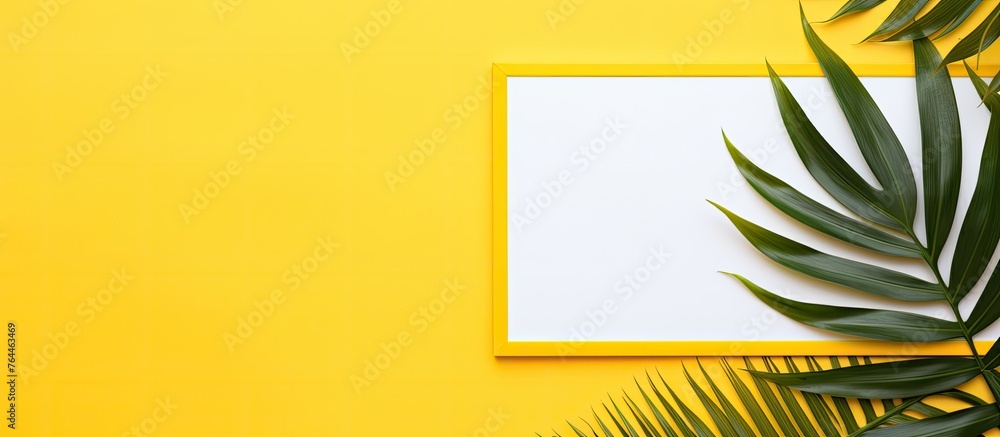 Poster a simple design featuring a yellow frame with a single green leaf on a vibrant yellow background