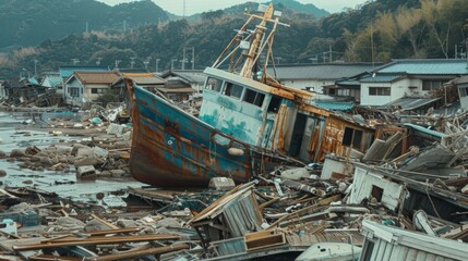 Fototapeta na wymiar The once picturesque coastline has been transformed into a tangled mess of overturned boats tered homes and debris in the aftermath of a relentless tsunami.