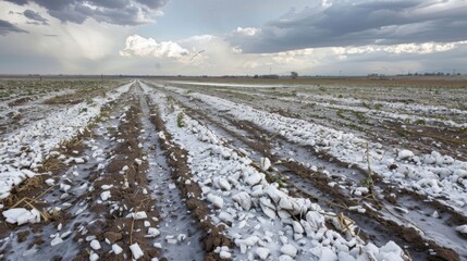 Fototapeta na wymiar The quietness after a hailstorm seems almost surreal as shards of ice litter the ground and ruined crops lay in disarray.