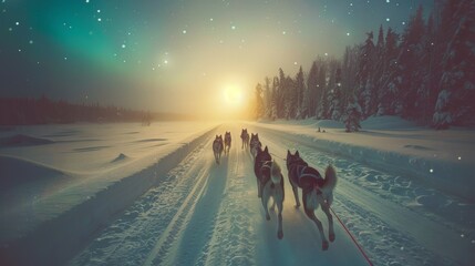 A team of six husky sled dogs runs on a snowy wilderness road in northern Canada under sun and moonlight borealis.