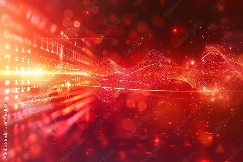Poster a abstract background with a red color, a light wave, a morse code, and a sound wave