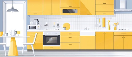 Interior view of a modern kitchen featuring vibrant yellow cabinets and sleek white countertops,...