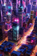 Illuminated skyscrapers in a purplehued metropolis at night
