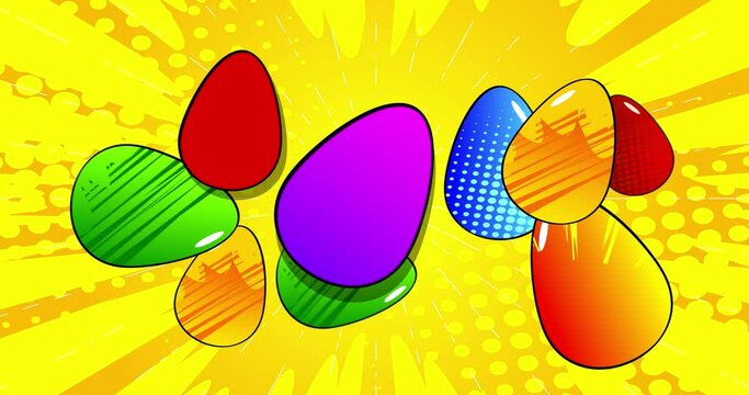 Cartoon Easter, comic book eggs video. Retro comics pop art design animation.