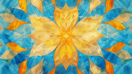 A floral design in blue and yellow hues, light blue and dark amber, resembles stained glass, with dark orange and light gold light depiction.