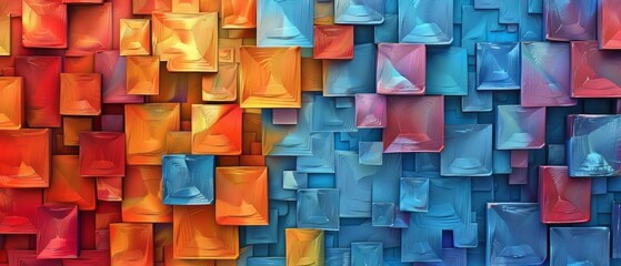 Color squares in blue, red, and orange tones form a wallpaper background, featuring voxel art, light maroon and sky-blue, and mixed media mosaics.