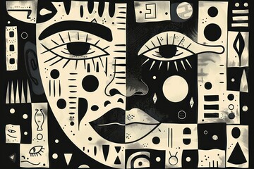 A white doodle texture background features masks and totems, with a black background and playful geometric shapes.