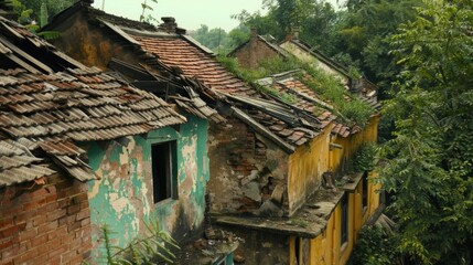 A row of dilapidated houses their roofs caved in and their walls visibly leaning and unstable.
