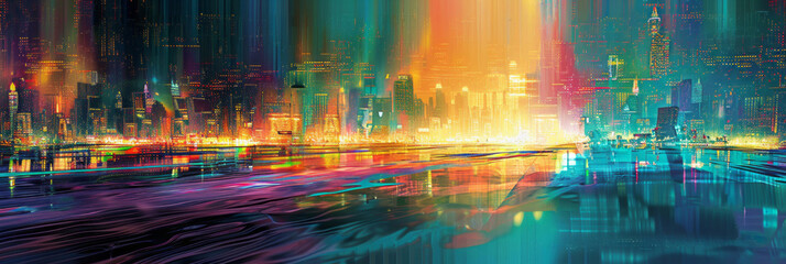 An abstract painting illuminates a city with multiple colors, using digital painting techniques in cyan and azure, creating atmospheric horizons.