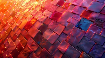 An abstract mosaic tiled brick wall is illuminated by a red light, representing social media art on a shaped canvas. - obrazy, fototapety, plakaty