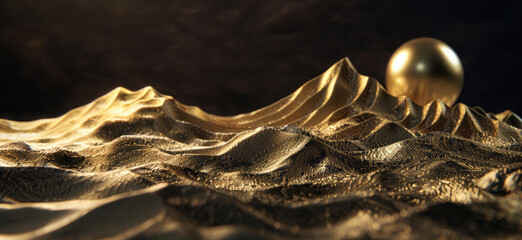 An elegant gold wave traverses some mountains, featuring detailed science fiction illustrations, tactile landscapes, and dreamlike installations. - obrazy, fototapety, plakaty