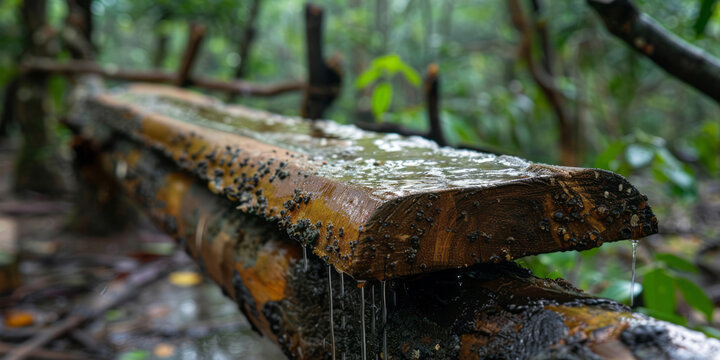 A tree trunk features a drip feed made of rubber, motion blur panorama, stark honesty, and natural phenomena.