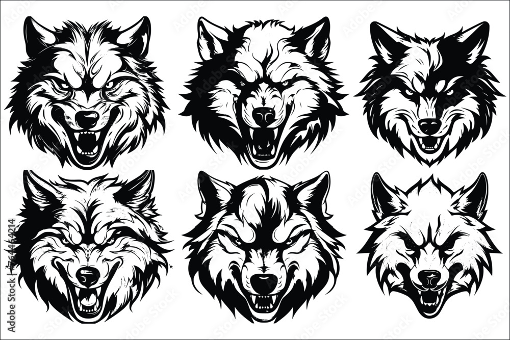 Wall mural wolf head tattoo, black and white wolf head, wolf head logo, head ferocious wolf vector illustration