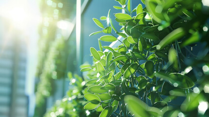 Green plants flourish outside a sunlit building, symbolizing futuristic cityscapes, environmental awareness, and innovation. - obrazy, fototapety, plakaty