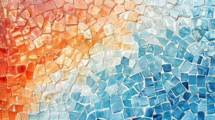 A mosaic tile pattern forms a wall background, featuring an abstract digital photo in light crimson and blue, data visualization, and light sky-blue and orange. - obrazy, fototapety, plakaty
