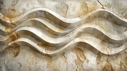 A textured stone wall showcases wavy waves and a decorative wavy pattern in cream, embodying...