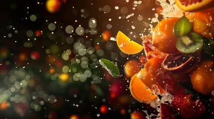 Obraz na płótnie Canvas Bokeh photo of photorealistic explosion fruits with colourful splashes on dark background