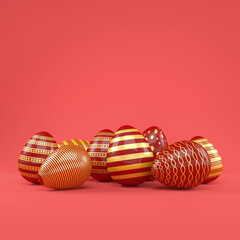 3d render of 8 red and gold easter eggs on red background - vacation concept.