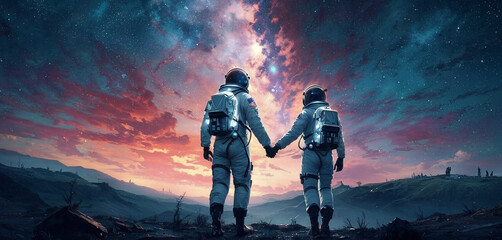 astronaut couple holding hands as they look out into the galaxy