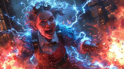 female alchemist, female mad scientist, esper with fire and electricity - obrazy, fototapety, plakaty