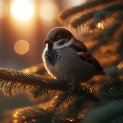  Sparrow sits on a fir branch in the sunset light.