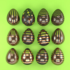 3d render of 12 black and copper color easter eggs on green background - vacation concept.
