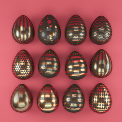 3d render of 12 black and copper color easter eggs on red background - vacation concept.