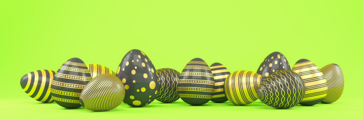 3d render of 13 black and gold easter eggs on green background - vacation concept. - 764464678