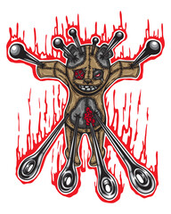 Illustration of a Colorful Teddy Bear That was Stabbed in a Voodoo Ritual. Transparent Background