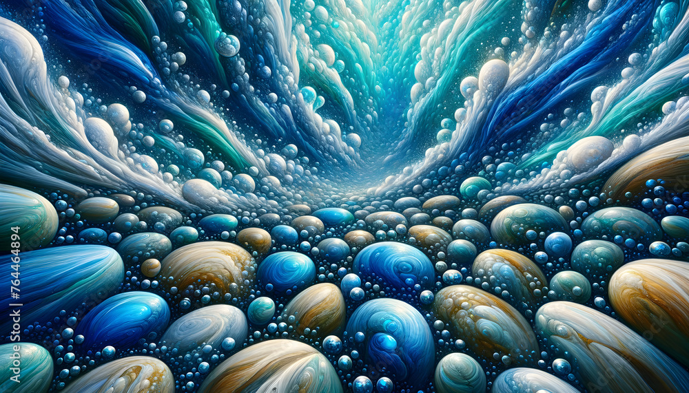 Aufkleber an artistic representation of looking down into a pond, capturing the dynamic interplay of bubbles a