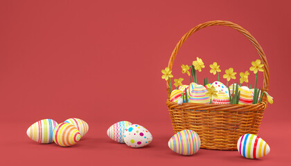 3d Rendering - Osterkorb mit bunten Ostereiern auf roten Hintergrund. - Urlaub - Ostern - Ferien