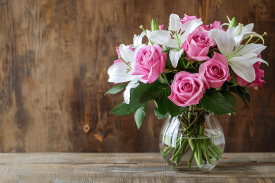 A composition of pink roses and white lilies, arranged in a glass vase on a wooden table.