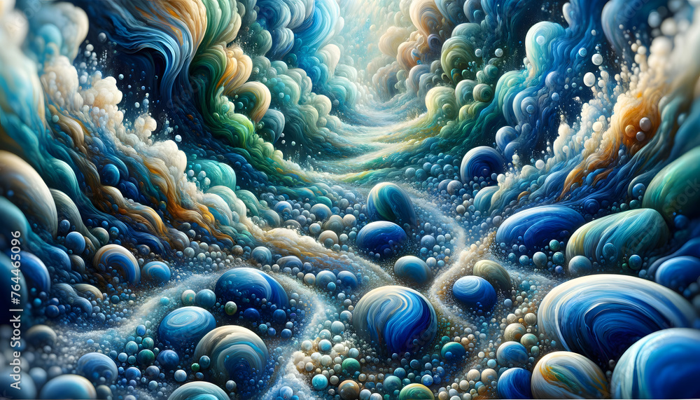 Poster an artistic representation of looking down into a pond, capturing the dynamic interplay of bubbles a