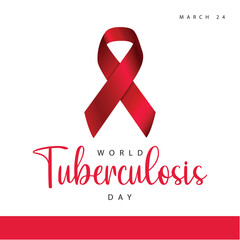 World tuberculosis day. Vector illustration of red ribbon awareness symbol. Suitable for templates, web, social media, greeting cards etc