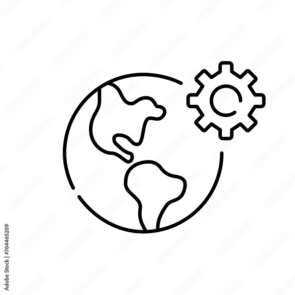 Poster earth globe and cogwheel. global technology integration and innovation. engineering network. pixel p