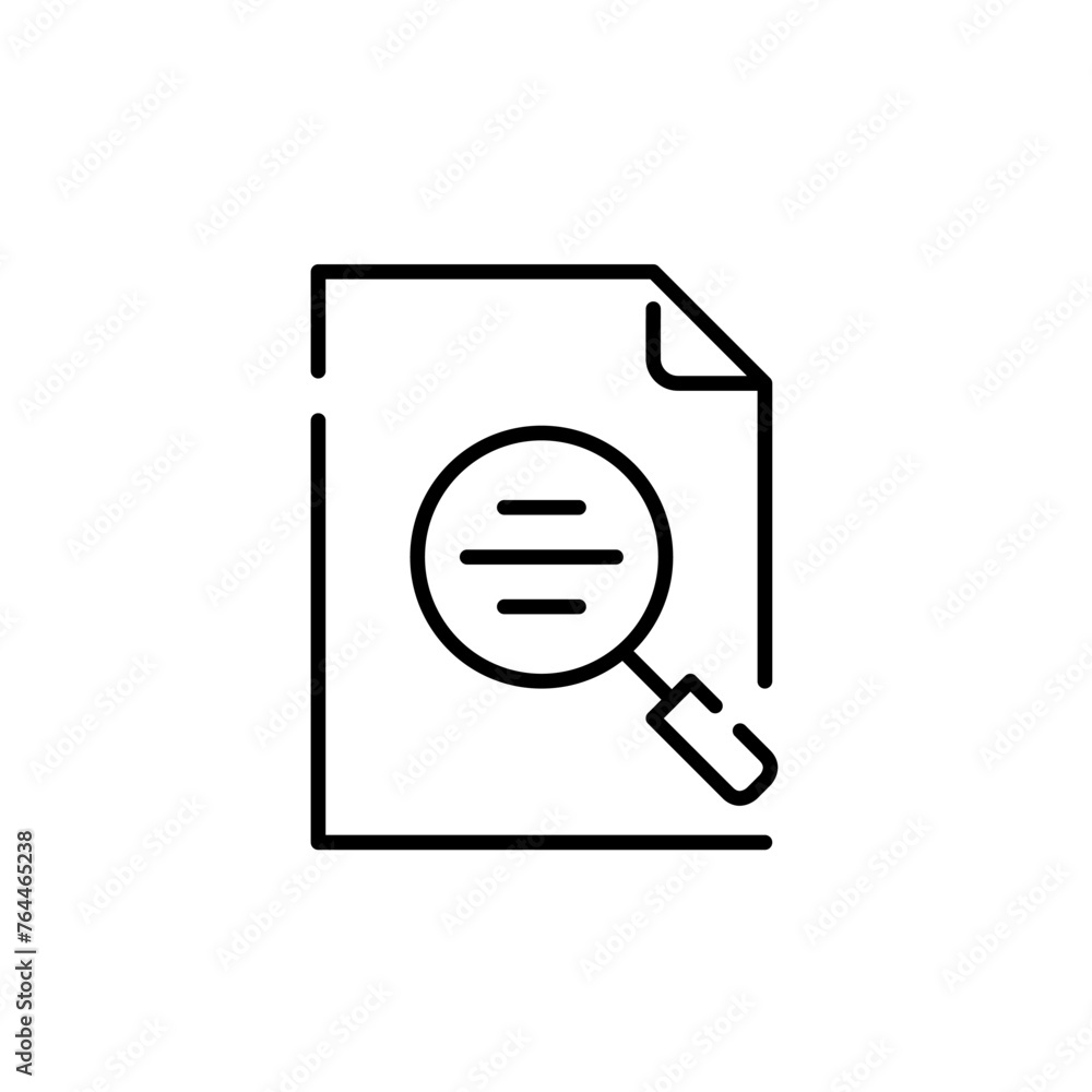 Poster magnifying glass revealing text lines within a document symbol. discovery of content within text fil