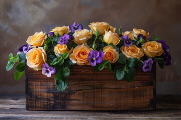 A composition of yellow roses and purple violets, placed in a wooden box on a brown table.