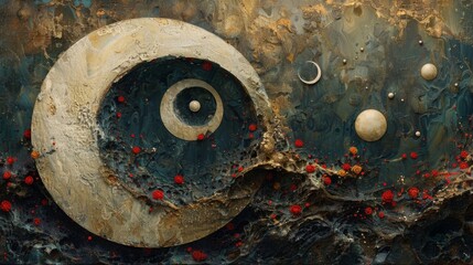 A collage of different religious symbols such as the wheel of dharma yin yang and Ouroboros highlighting the interconnectedness and balance of all things in the cycle of karma