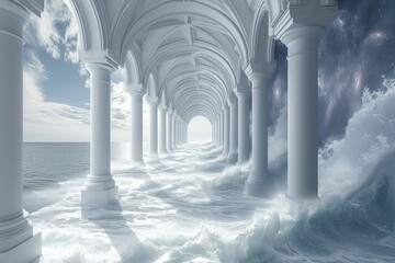 Fototapeta premium a great fantasy white corridor in the middle of the sea surrounded by waves