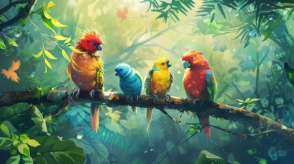 Colorful birds with a forest background - obrazy, fototapety, plakaty