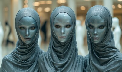Three futuristic alien women with silver skin