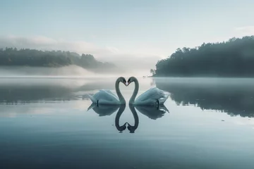 Foto auf Acrylglas A pair of swans forming a heart with their necks on a calm lake © mila103