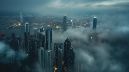 Aerial view of Hong Kong shrouded in mist, captured in the essence of Documentary and Magazine Photography.