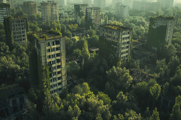 Fototapeta na wymiar A post-apocalyptic city covered by forest